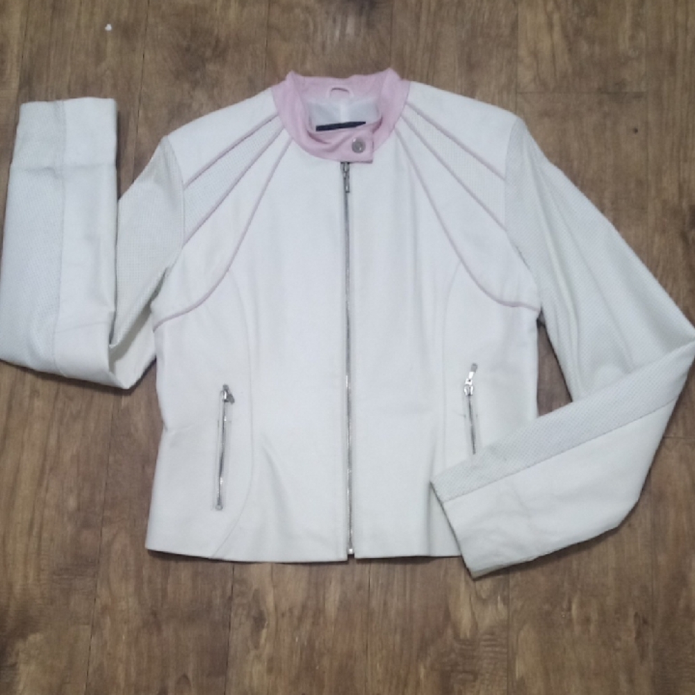 Oscar Leopold White and Pink Women's Leather Jacket Classic Biker Design XL